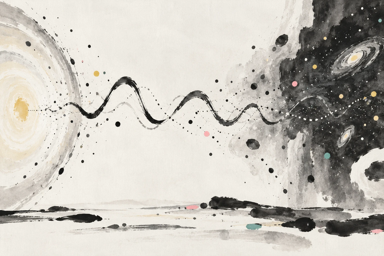 Abstract illustration of rippling spacetime and a faint cosmic gravitational-wave background.