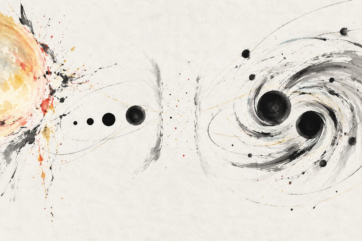 Abstract illustration of two merging black holes with a mass gap marked near 45 solar masses.
