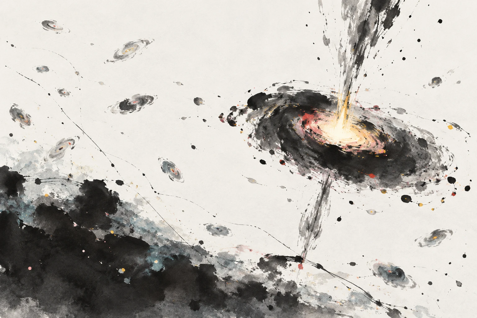 Artistic illustration of a red, quiescent galaxy in the early universe with gas being blown outward, as simulations suggest a central black hole may be heating and expelling it.