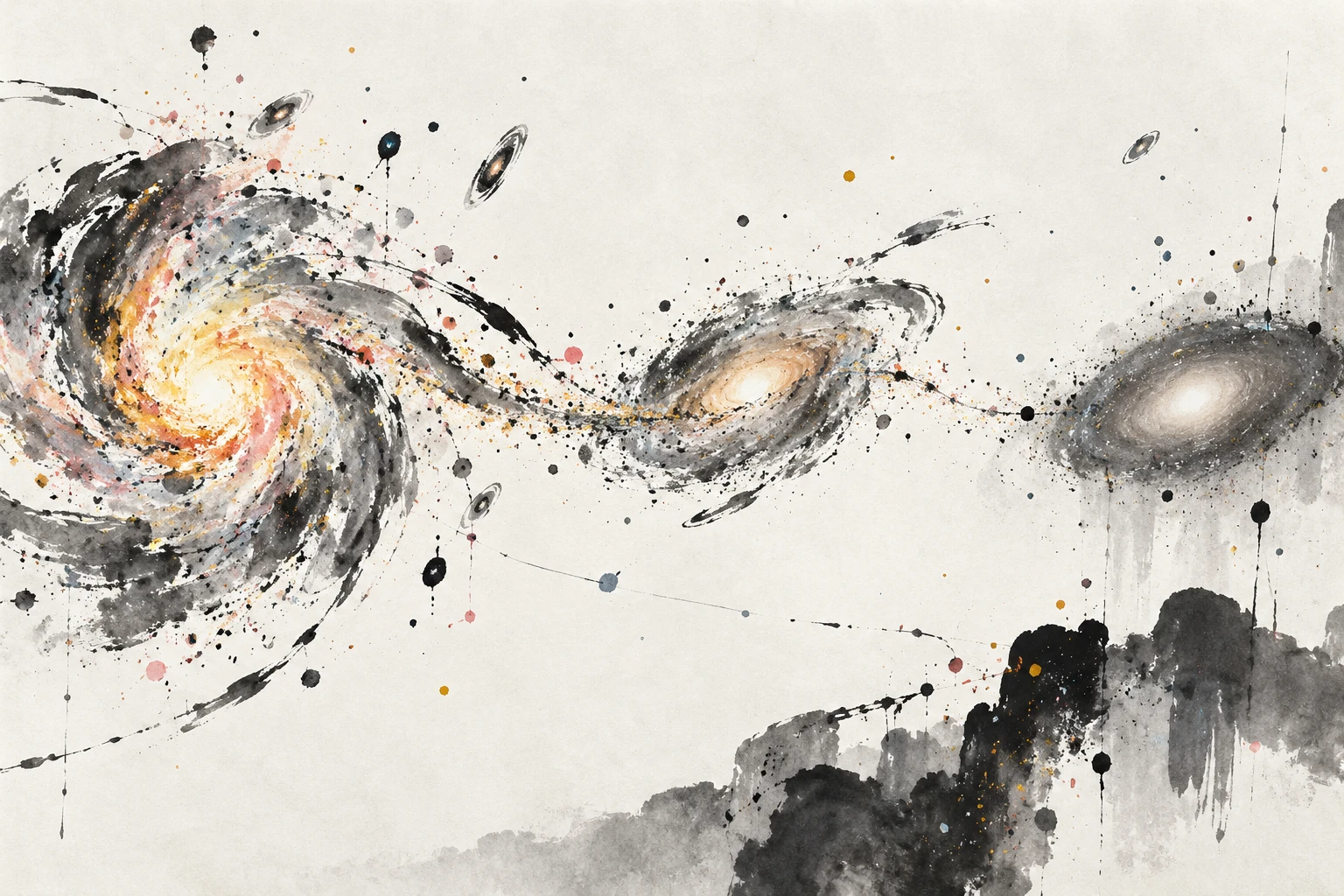 Abstract illustration of distant galaxies, one glowing in a starburst and another dimming into quiescence.