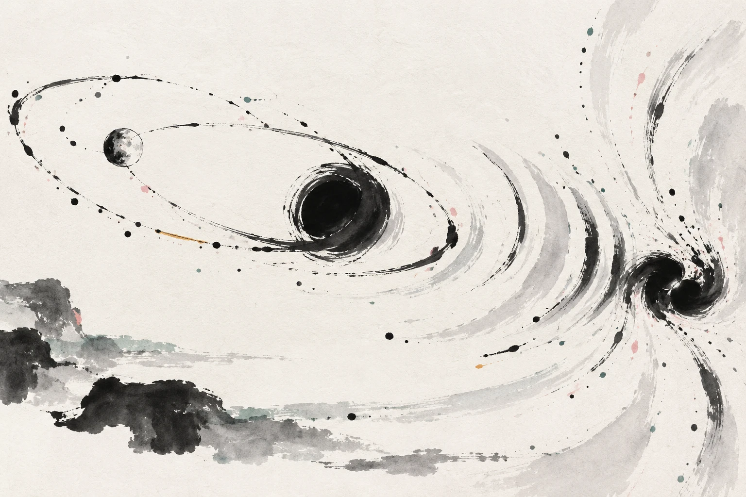 Artistic illustration of a neutron star and black hole spiraling together on an eccentric orbit, with gravitational-wave ripples.
