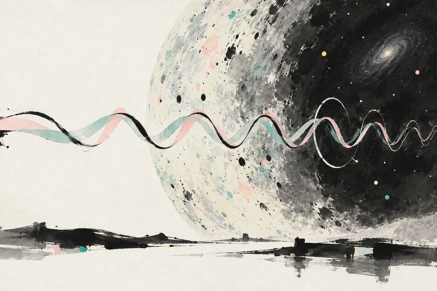Artistic illustration of polarized light from the cosmic microwave background twisting across space.