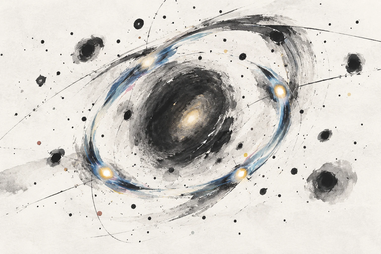 An artistic illustration of a gravitational lens, with a foreground galaxy bending light from a distant quasar into multiple images and faint dark-matter clumps distorting the pattern.