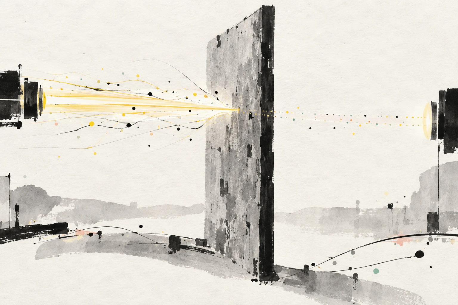 Artistic illustration of laser beams, superconducting magnets, and a light-tight wall for the ALPS II experiment.