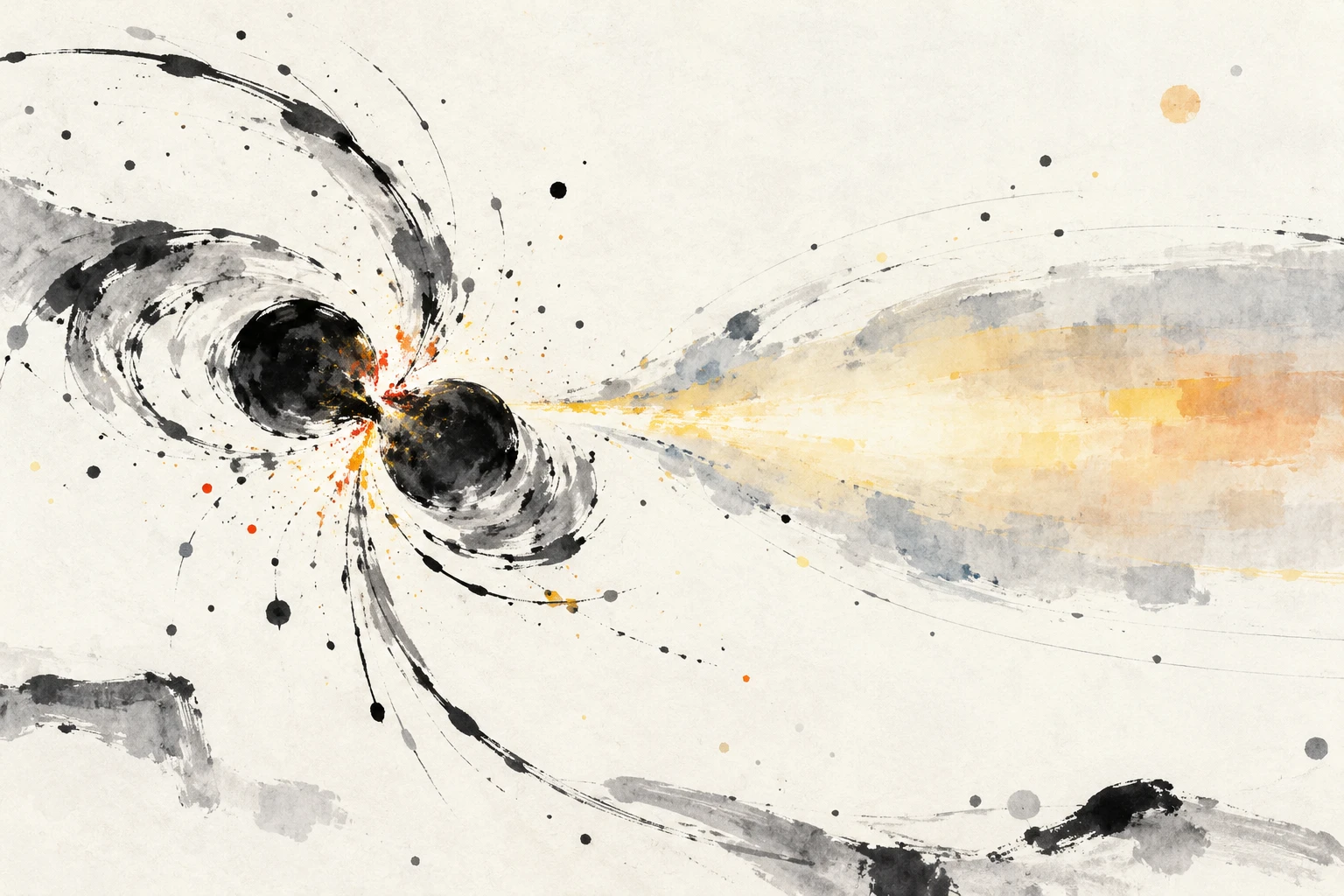 Abstract artistic illustration of a compact object merger emitting a jet and a long soft X-ray glow