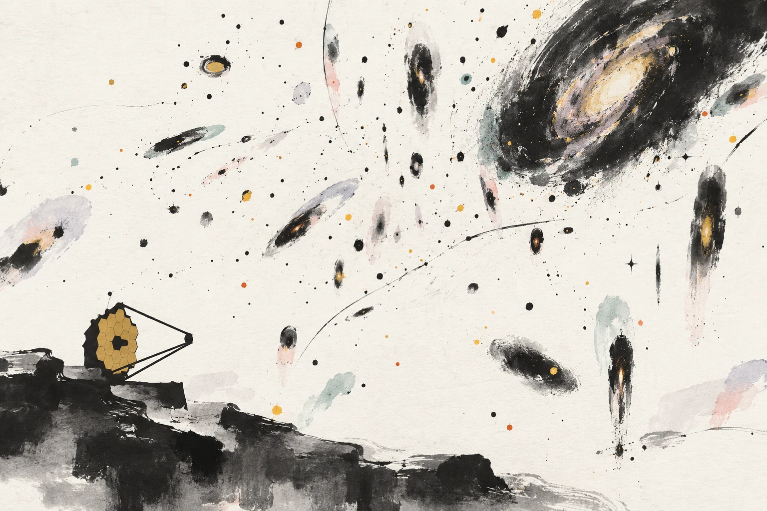 Abstract illustration of deep JWST infrared fields with distant galaxies in multiple colors.