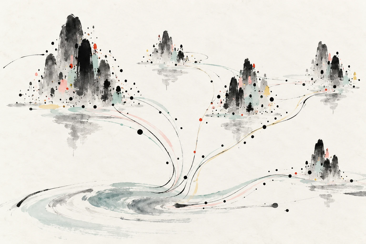 Abstract illustration of a probability landscape with several bright peaks and smooth neural flow paths connecting a simple cloud to a complex shape.