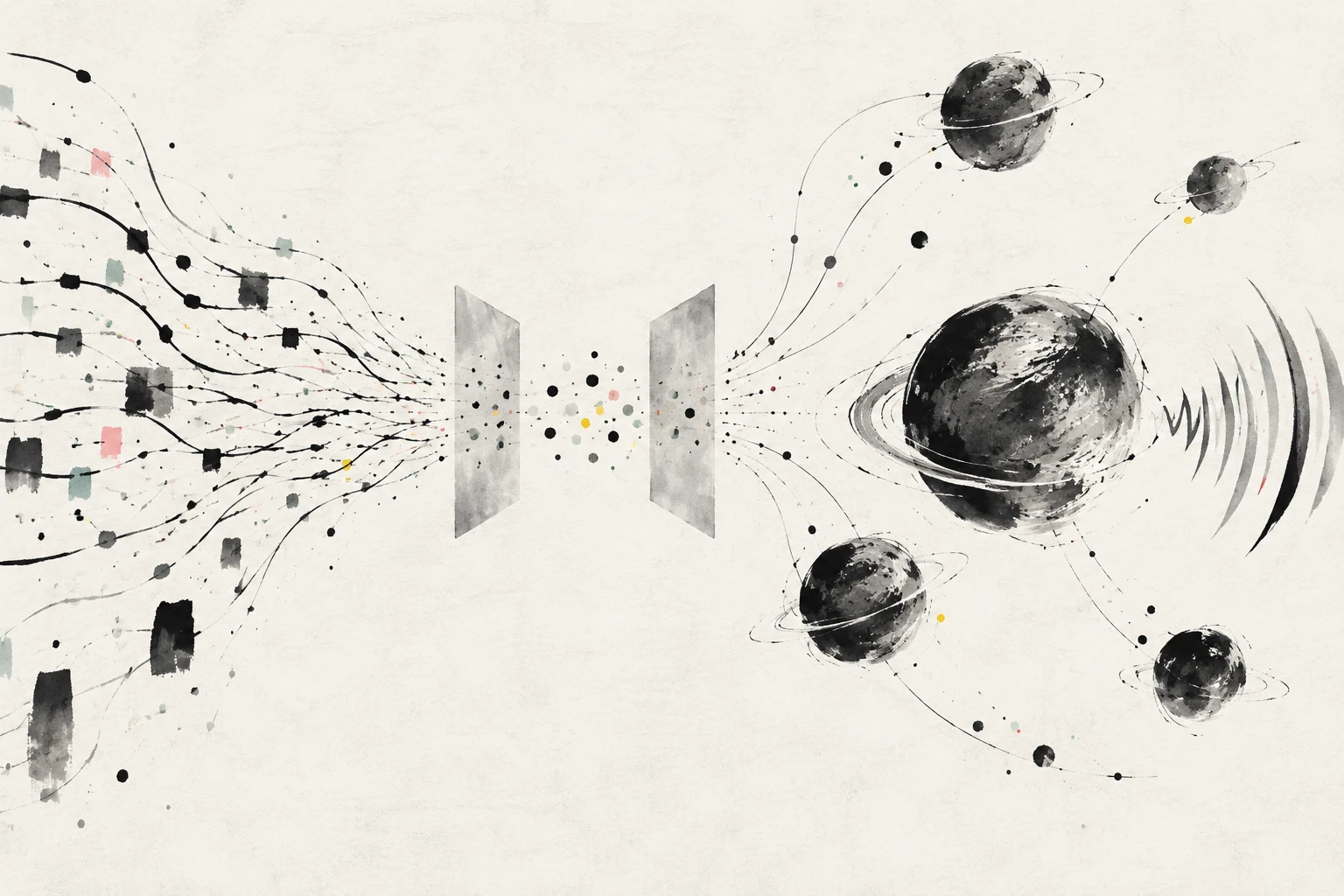 Abstract illustration of a neutron star with glowing internal layers and a neural-network lattice, representing machine learning of its equation of state.