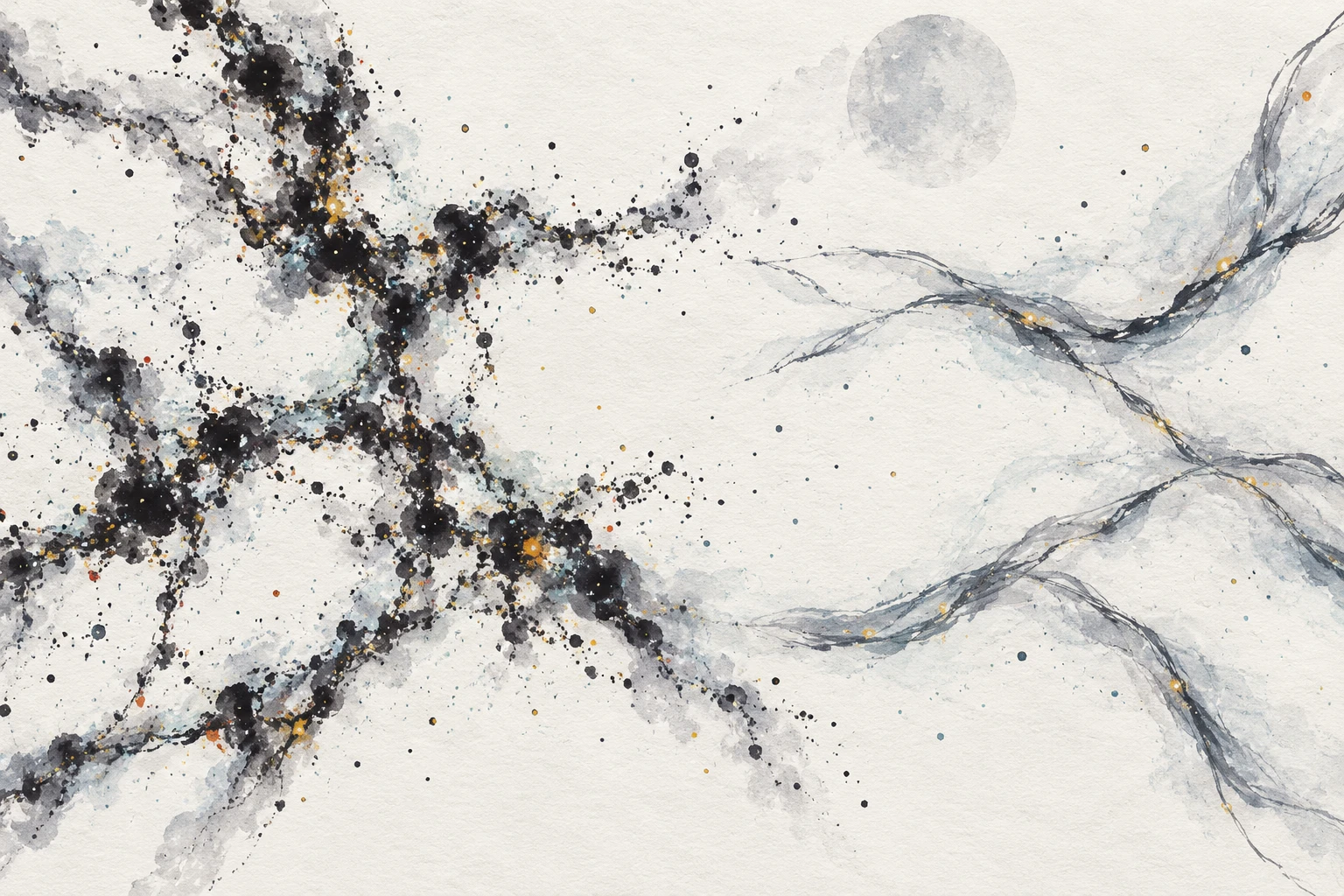 Artistic illustration of faint glowing gas filaments stretching through dark space between galaxies