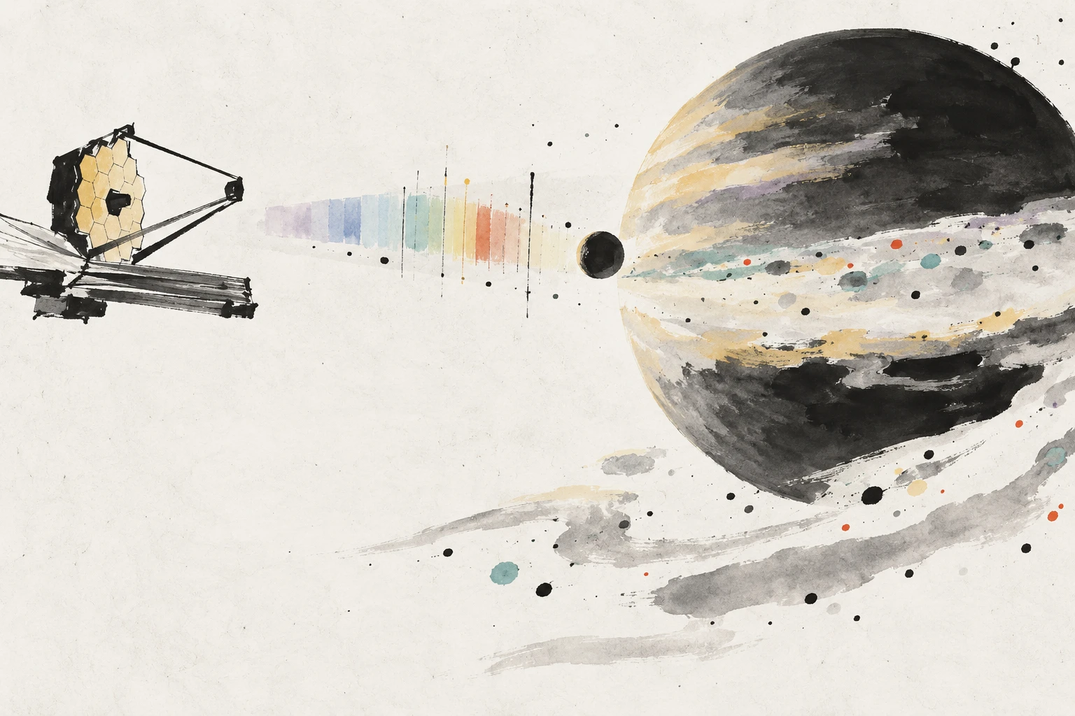 Abstract illustration of an exoplanet transiting its star with a spectrum of light.