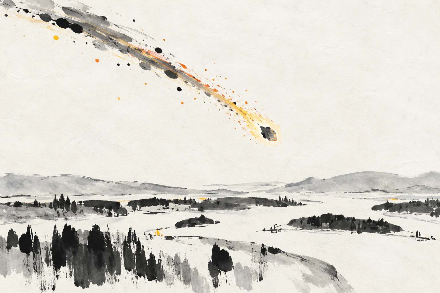 Artistic illustration of a bright fireball over a Swedish forest, with a dark metallic iron meteorite near a boulder marked by an impact scar.