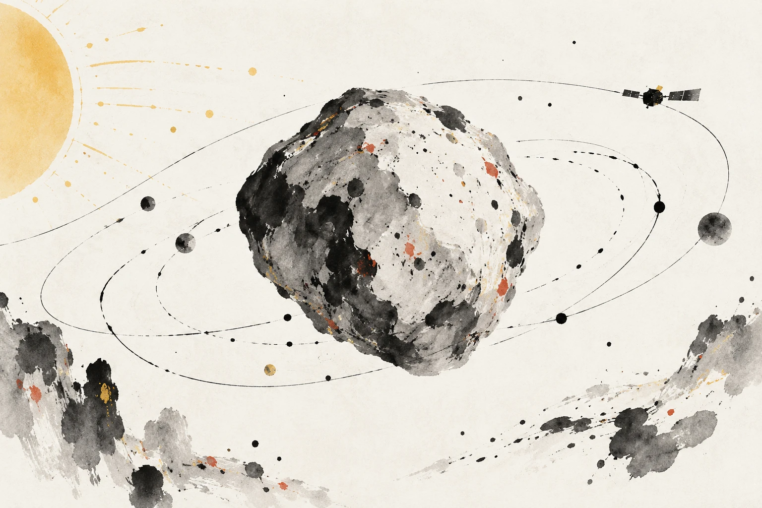 Artistic illustration of an irregular ultra-red asteroid with polar shadows and faint orbital paths.