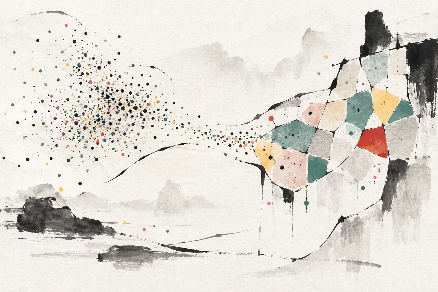 Abstract artistic illustration of colored polygonal tiles, not observational data