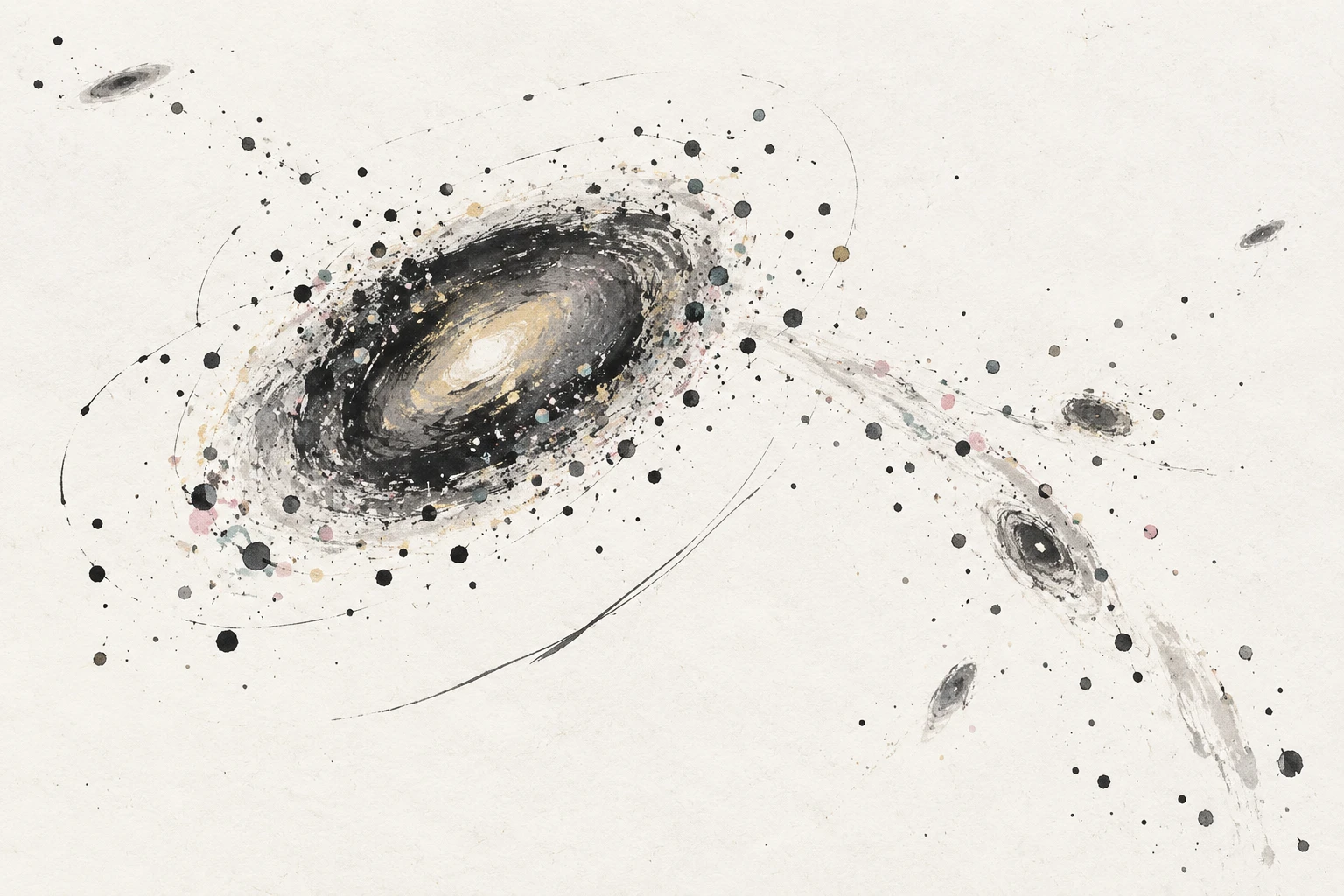 Abstract illustration of a compact galaxy surrounded by orbiting globular clusters
