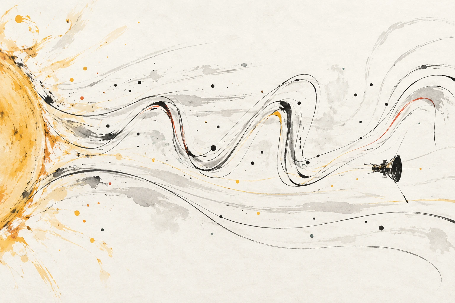 Abstract illustration of S-shaped magnetic field lines streaming from the Sun past a spacecraft.