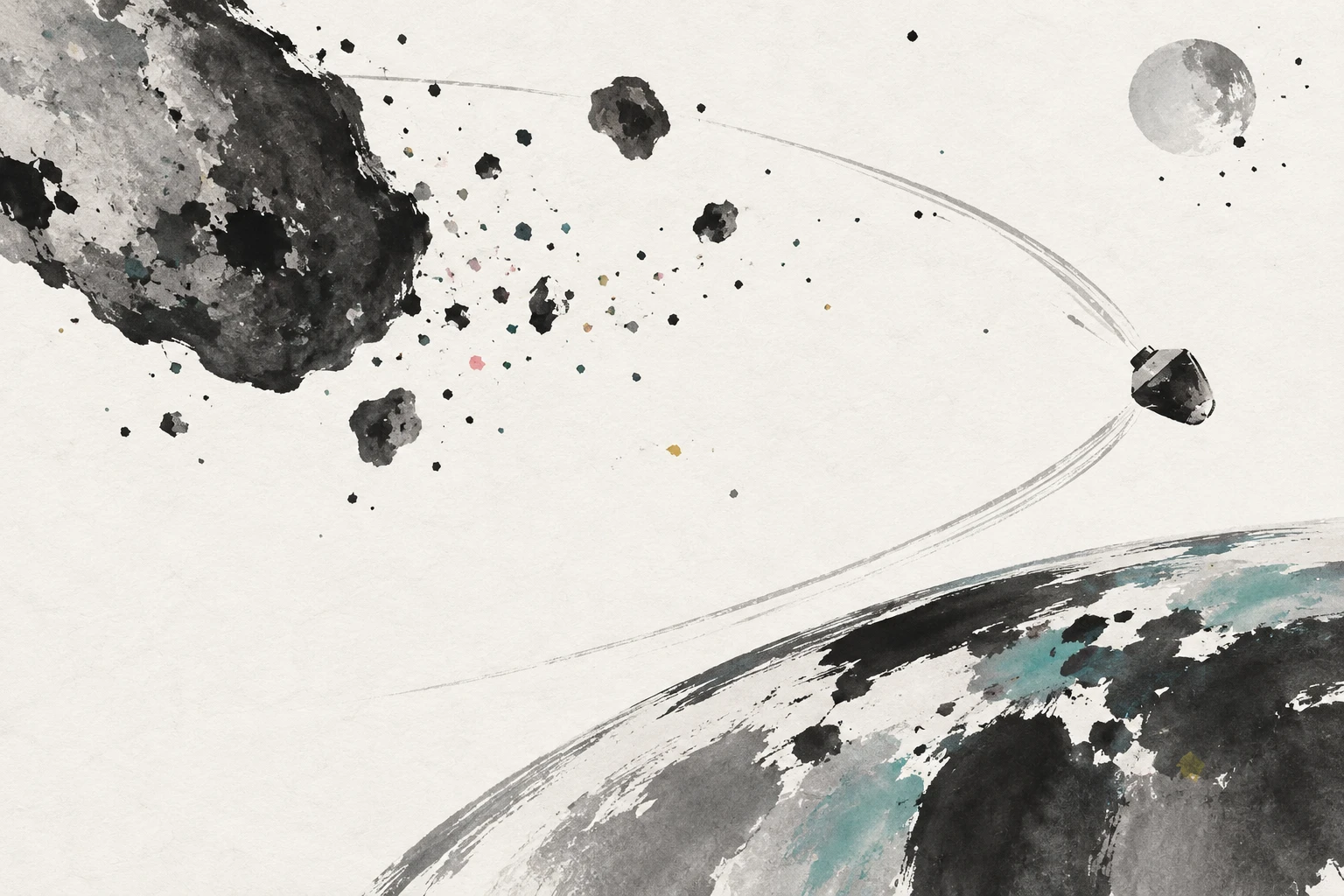 Abstract illustration: A spacecraft sampling a boulder-covered asteroid.
