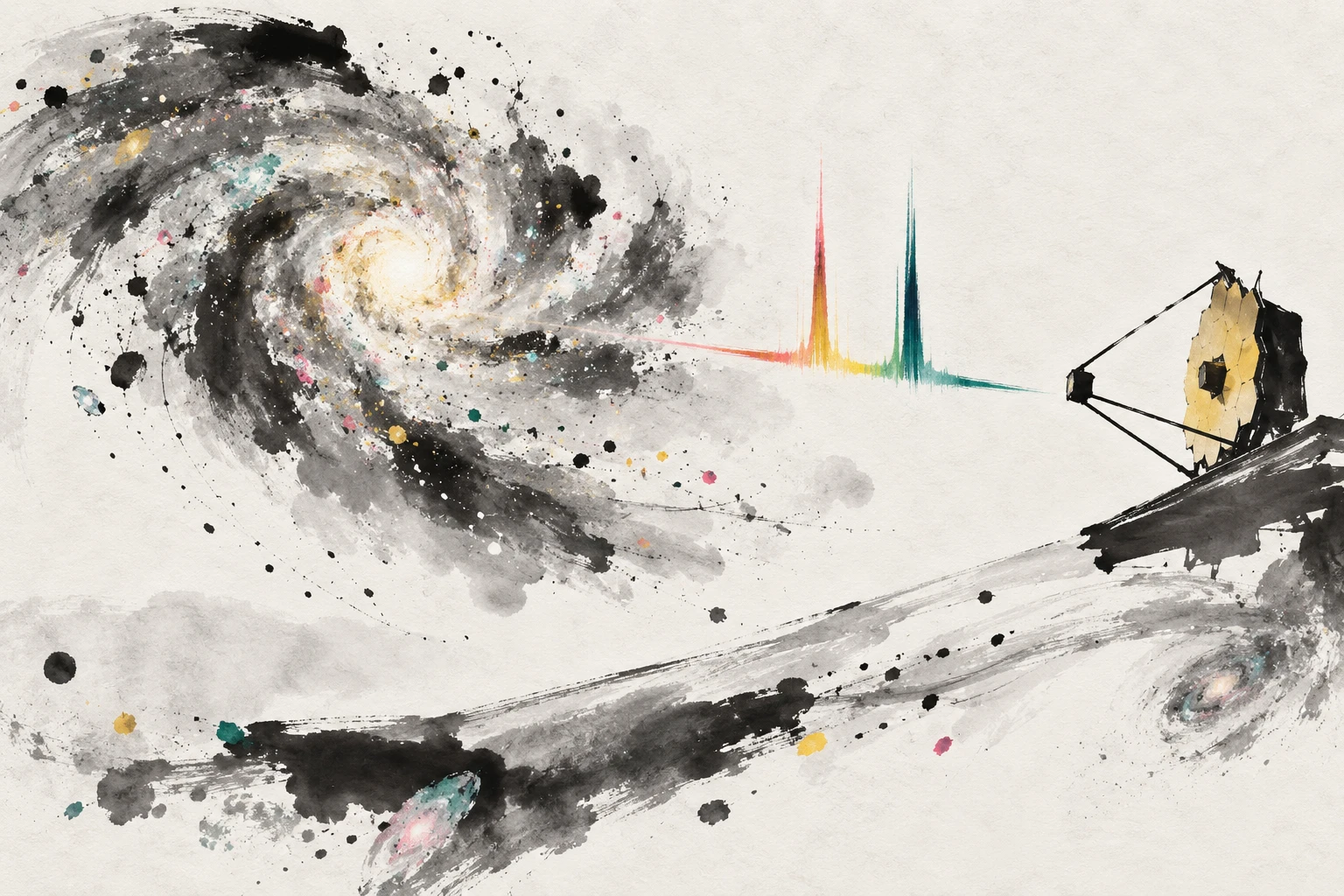 Abstract illustration of glowing gas and infrared spectral lines.