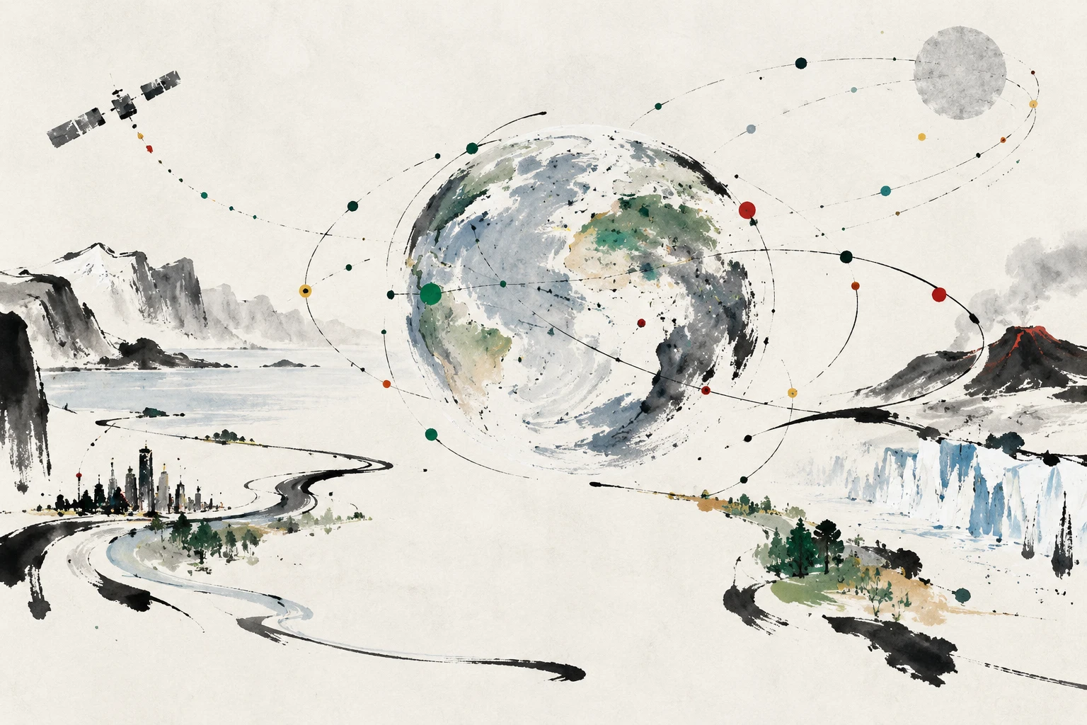 Abstract illustration of Earth system data streams and AI agents connected across atmosphere, ocean, land, ice, and society.