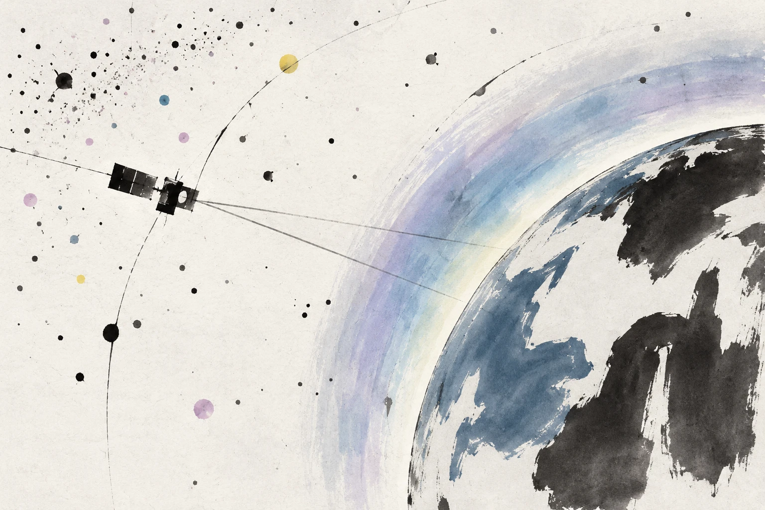 Artistic illustration of a spacecraft observing ultraviolet starlight while Earth's hydrogen geocorona glows faintly around it.