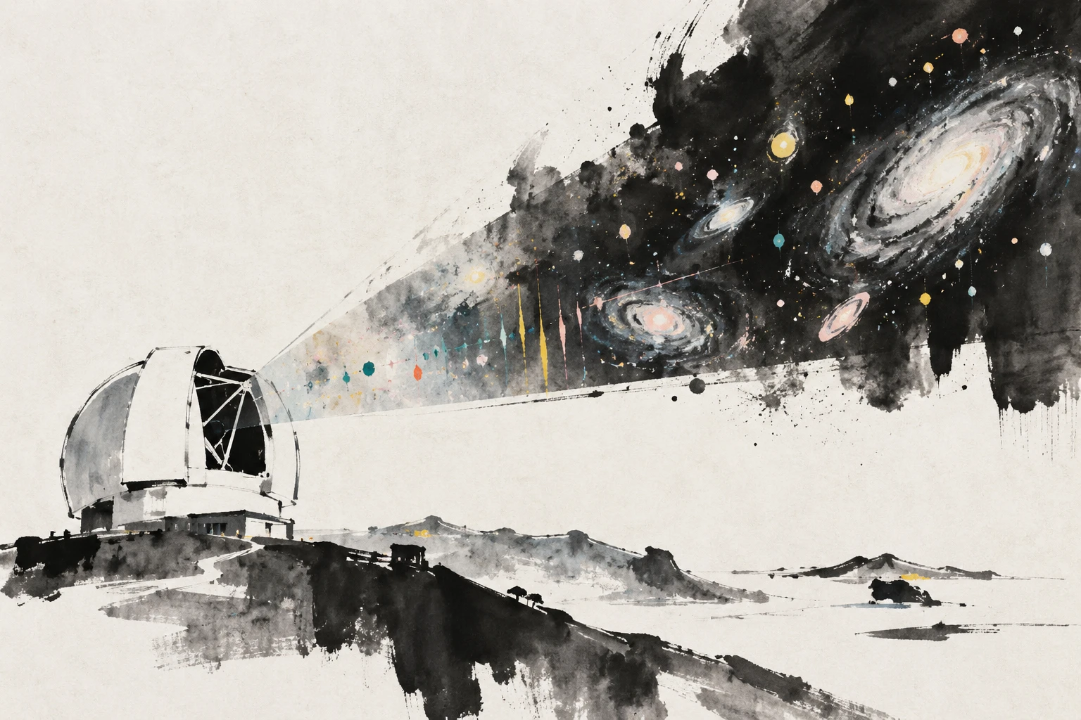Artistic illustration of a proposed near-infrared spectrograph splitting light from distant galaxies into spectra.