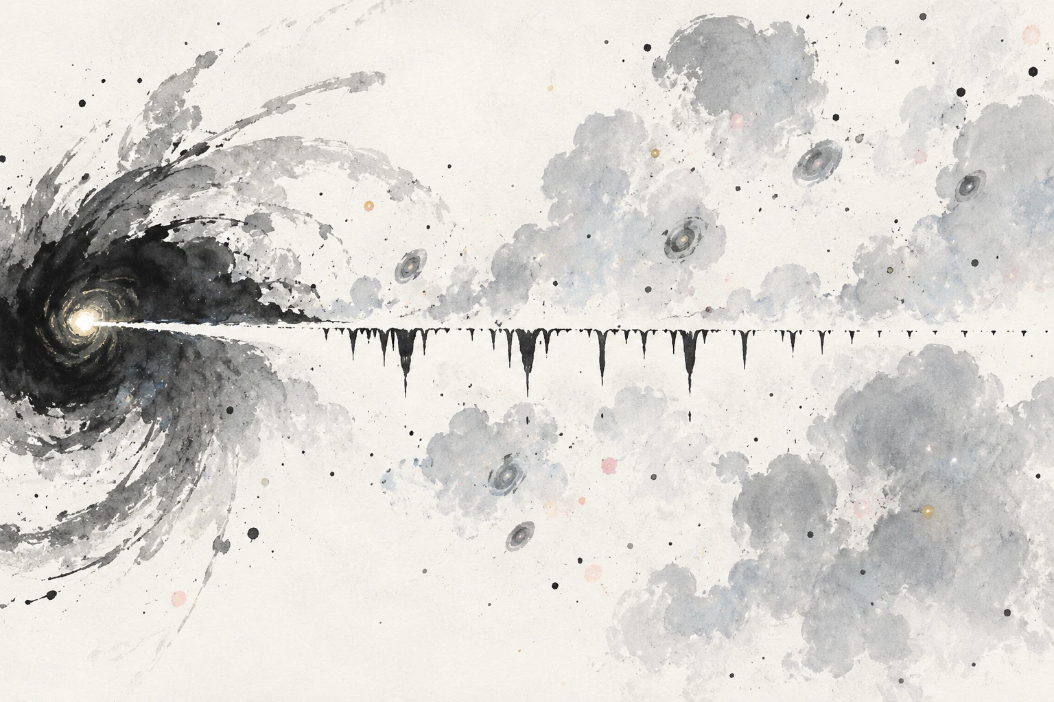 Abstract illustration of a radio quasar beam crossing a fog of neutral hydrogen, with faint absorption features and a glowing power-spectrum curve.