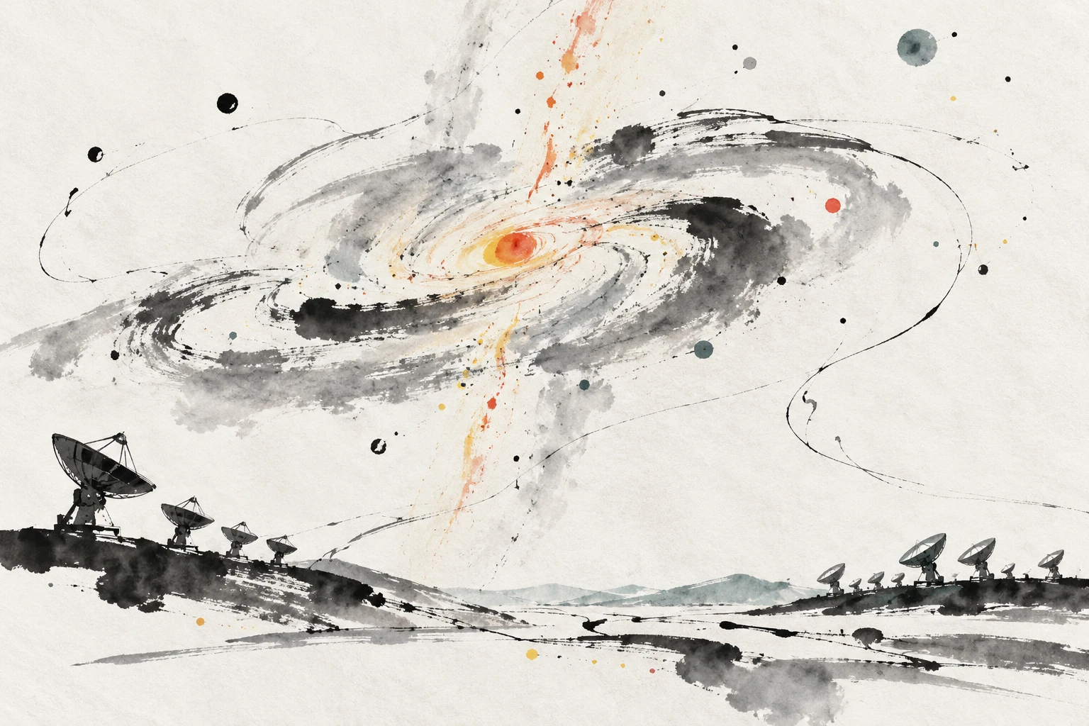 Artistic illustration of two radio telescope arrays observing a young star and its planet-forming disk.