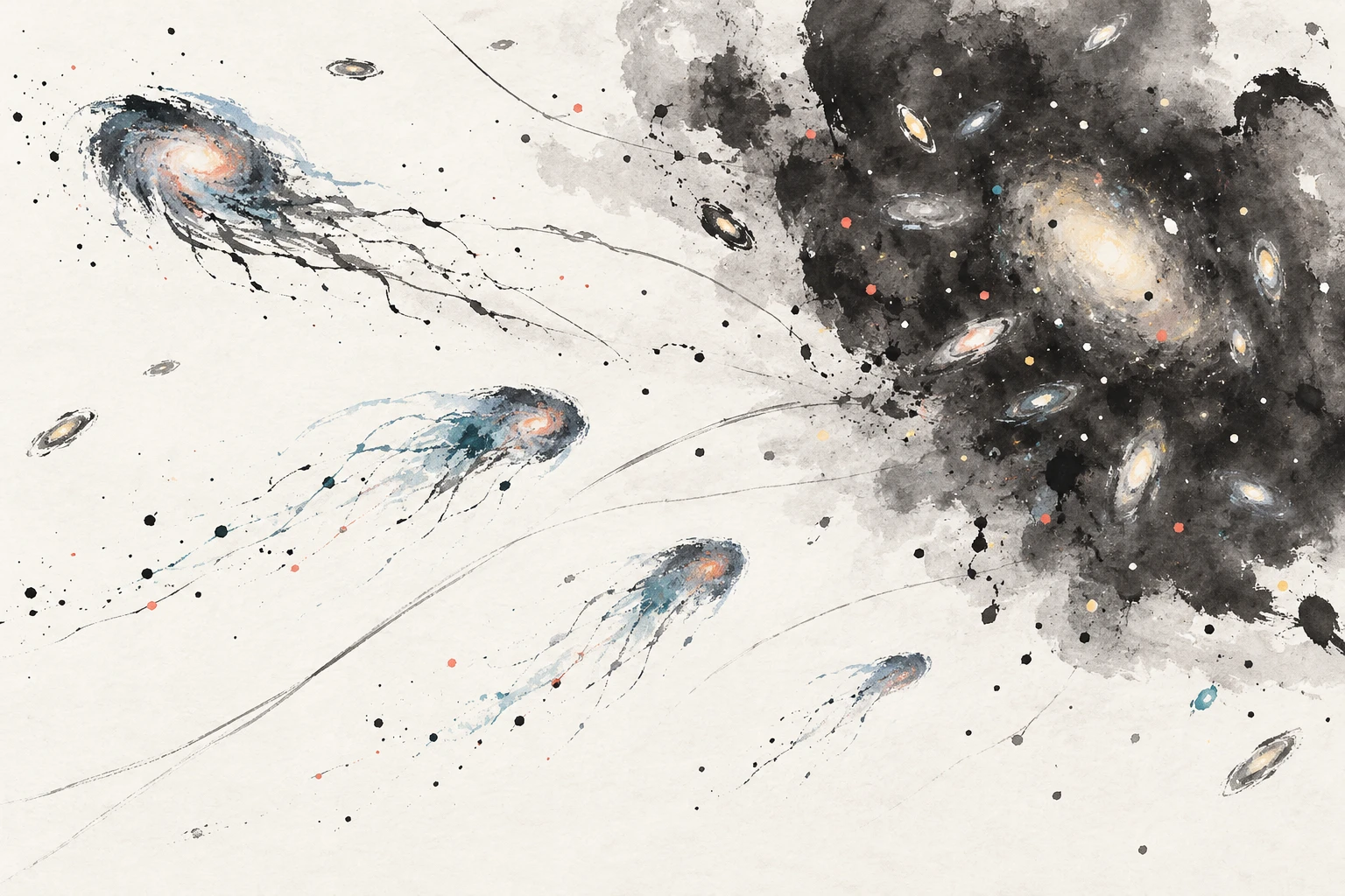 Artistic illustration of jellyfish galaxies with long tails of gas and stars trailing through a galaxy cluster.