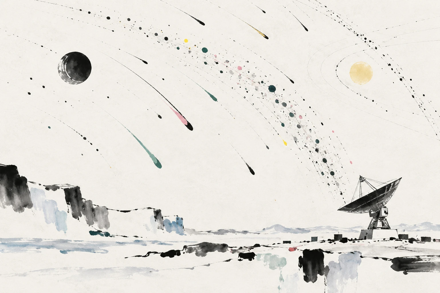 Artistic illustration of meteors streaking above an Antarctic radar array under a dark sky