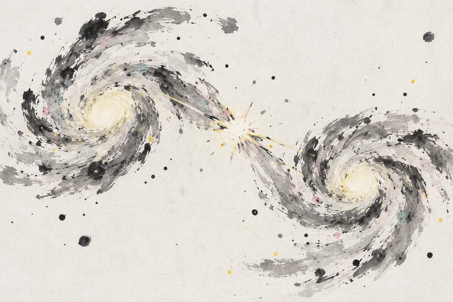 Abstract illustration of two diverging supernova light curves over a spiral galaxy, with blue and red color gradients.