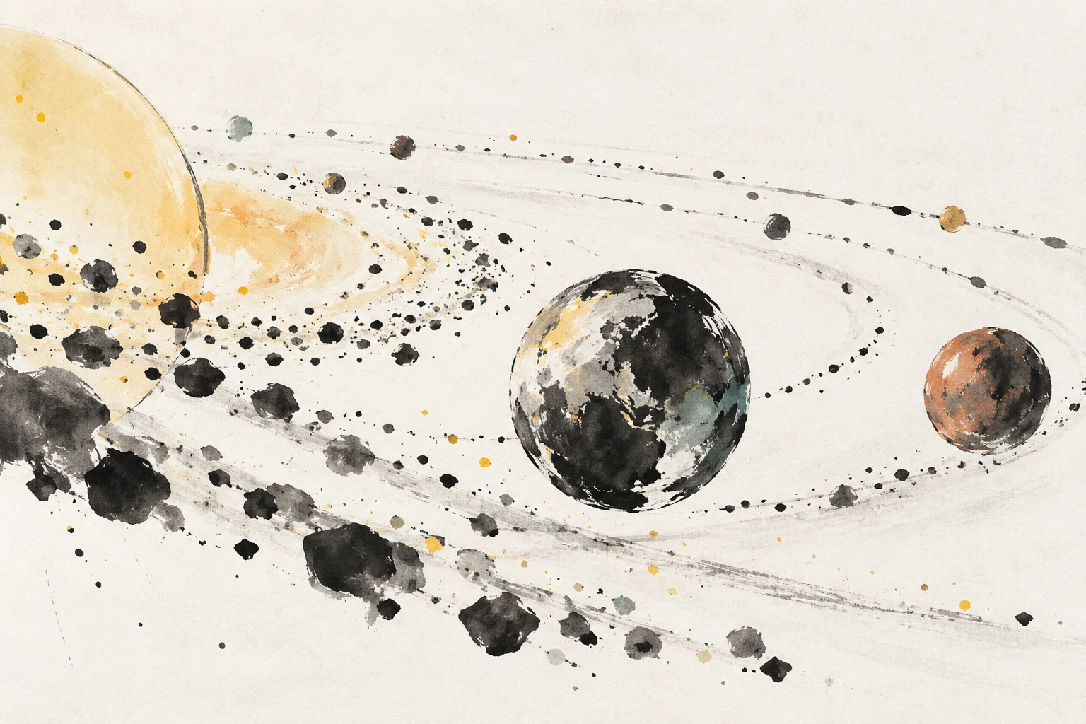 Abstract illustration of a young rocky planet surrounded by glowing pebbles and colliding planetesimals