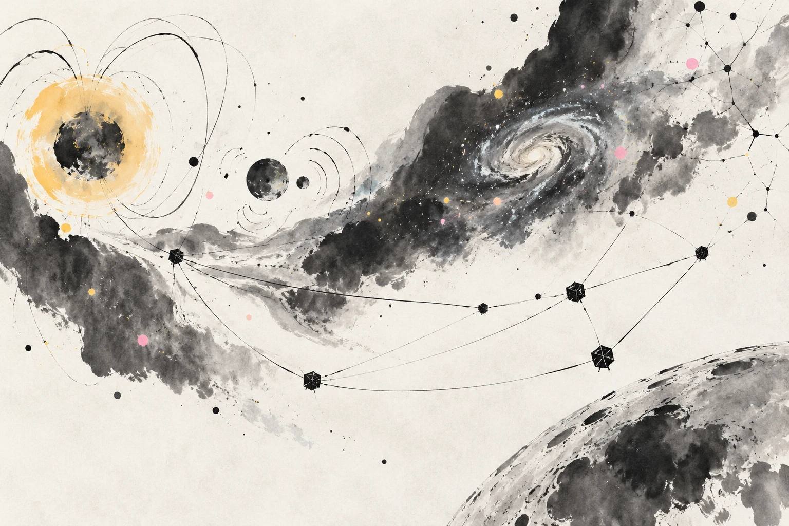 Illustration of a distributed space-based radio interferometer observing low-frequency signals from stars, exoplanets, and the early universe.