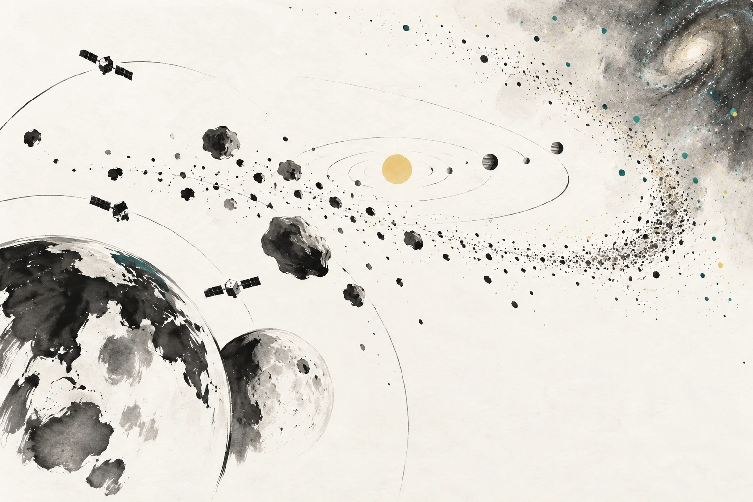 Abstract illustration of a space telescope, small asteroids near the Moon, and faint icy bodies in the distant Solar System.