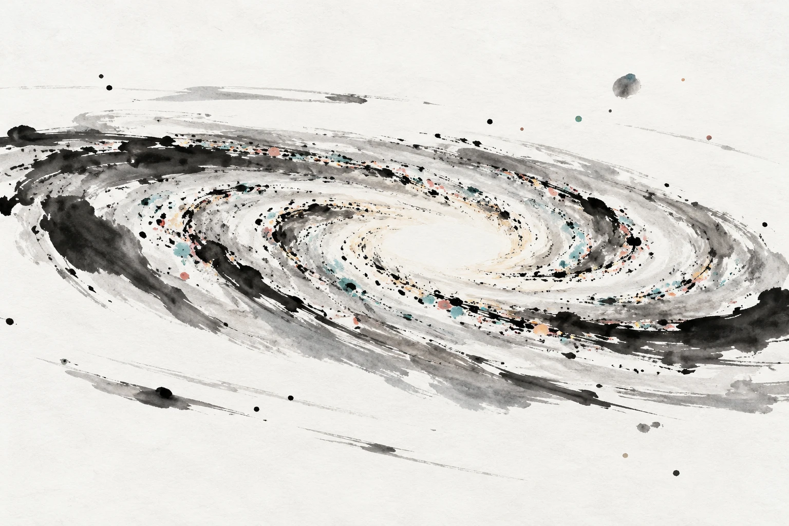 Artistic illustration of a swirling galaxy disk with concentric ripples and glowing small-scale structure.
