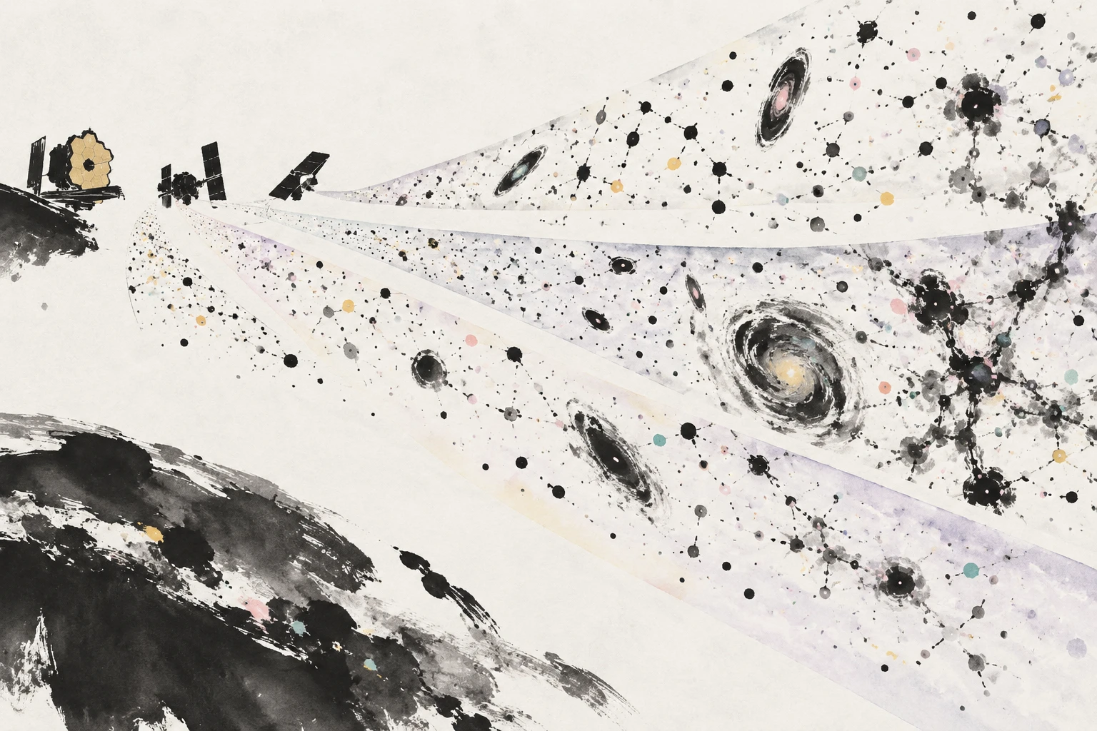 Abstract illustration of overlapping spectral traces from galaxies across a wide survey field, with prism-dispersed light forming rainbow streaks.